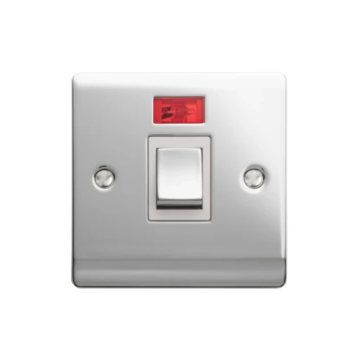 Designa 22S20L 20A 1 Gang Double Pole Switch Polished Chrome With White Insert c/w Neon