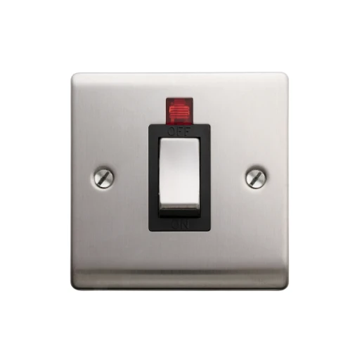 Designa 23S451LB 1 Gang 45A Double Pole Switch Satin Steel with Black Insert and Neon