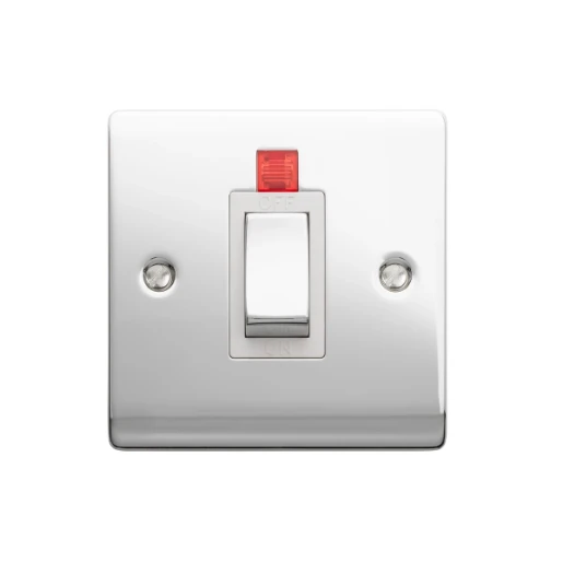 Designa 22S451L 1 Gang 45A Double Pole Switch Polished Chrome with White Insert and Neon