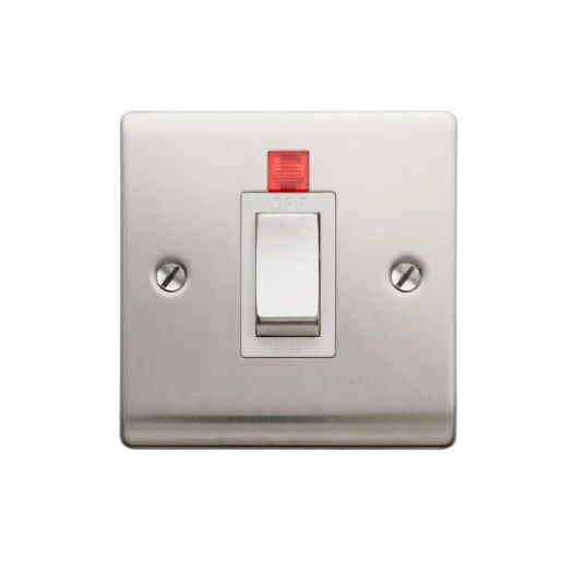 Designa 23S451L 1 Gang 45A Double Pole Switch Satin Steel with White Insert and Neon