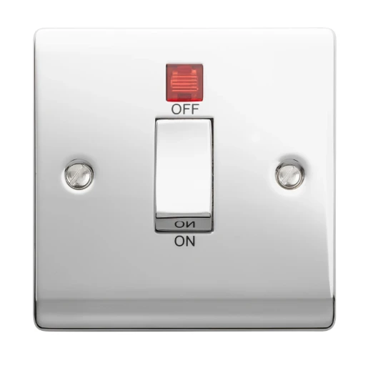 Designa 22S451LJ 1 Gang 45A Double Pole Switch Polished chrome c/w Neon