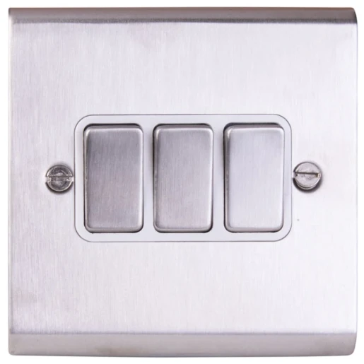 Plate Switch 3 Gang 2 Way 10A Stainless Steel White Insert