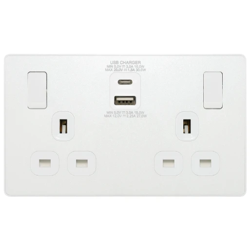 Pearlescent White Evolve 2 Gang 13A 1x USB-QC A 27W 1x USB-PD C 30W Switched Socket White Insert