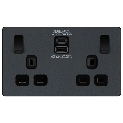 Matt Grey Evolve 2 Gang 13A 1x USB-QC A 27W 1x USB-PD C 30W Switched Socket Black Insert