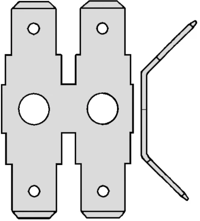 Tab voor vlakstekerhuls 6,3x0,8 boutgat M4 H=45°, dubbele tab 2-voudig