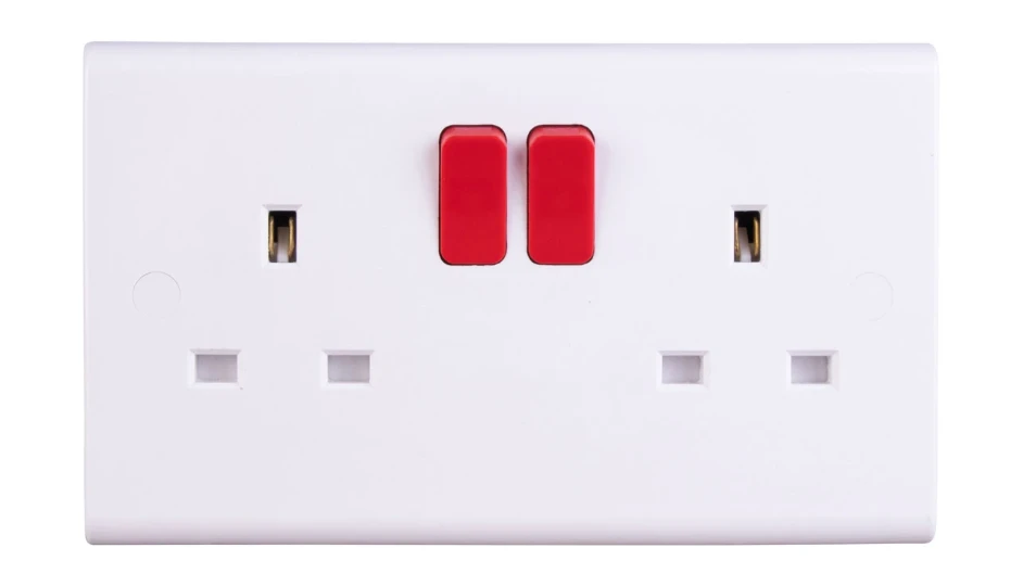 Slimline 13A 2 Gang DP Switched Socket with Red Rockers | DETA Electrical