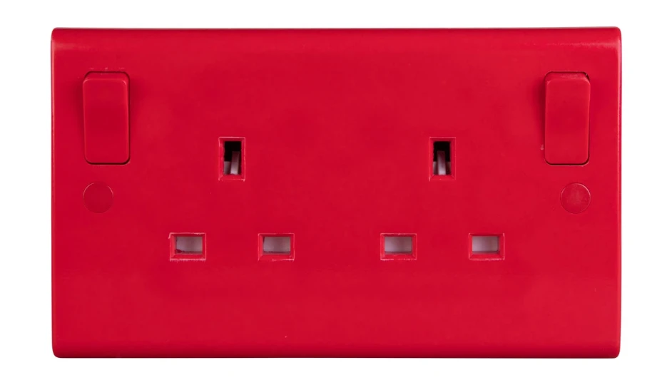 Slimline 13A 2 Gang DP Switched Socket with Red Face Plate and Red ...