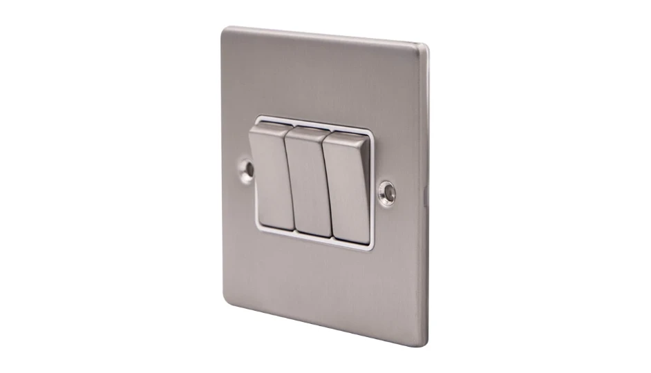 Pro Décor 3 Gang 2 Way 10AX Plate Switch Stainless Steel White Insert ...