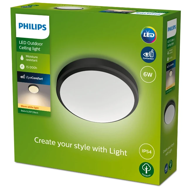 Philips Plafondlamp Doris CL257 6W 27K IP54 HV zwart