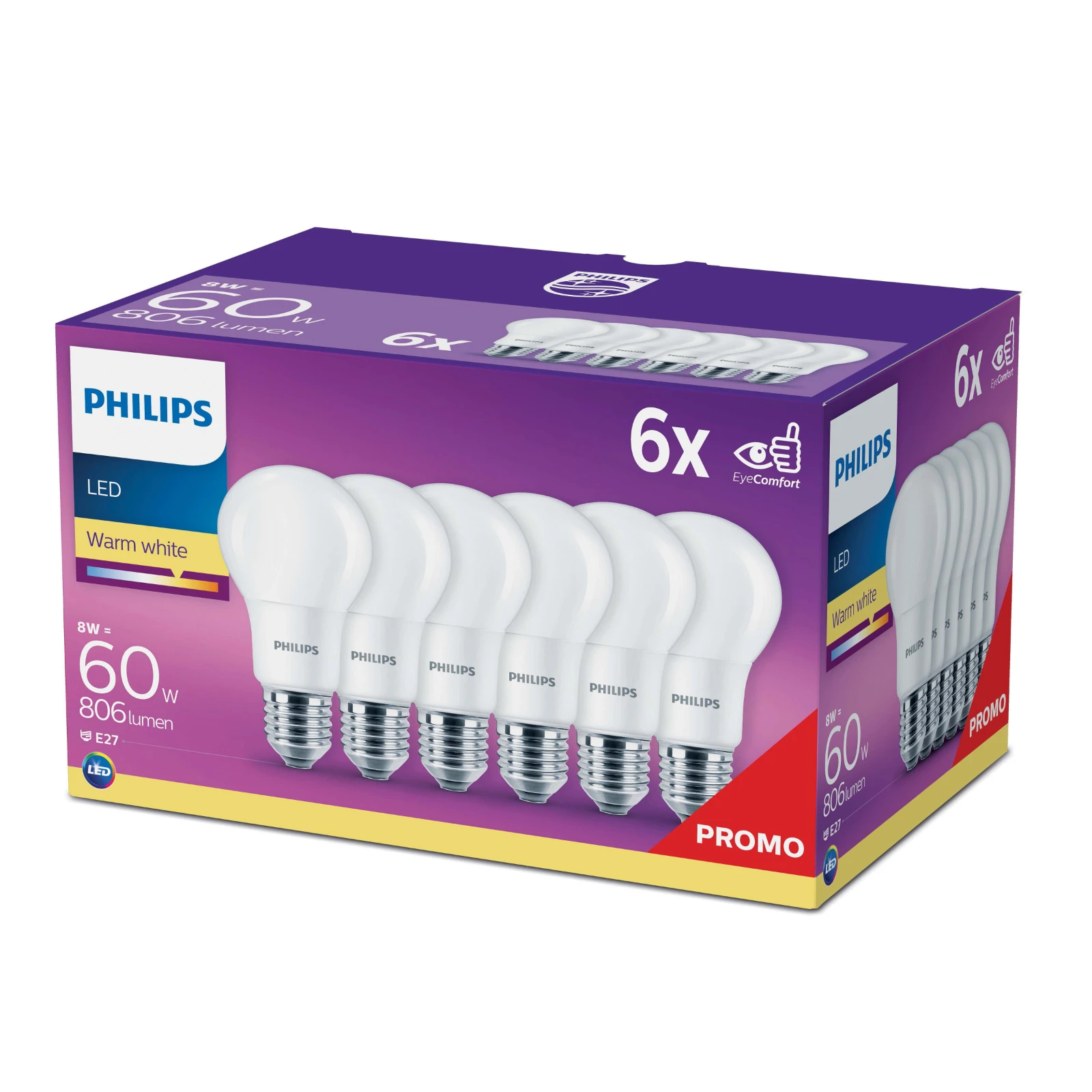 Philips LED Lamp 60W A60 E27 WW 230V FR ND 6CT/4 (6 stuks)