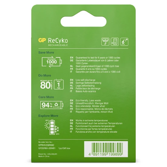 GP Oplaadbare 9V batterij 200mAh ReCyko (1 stuk)