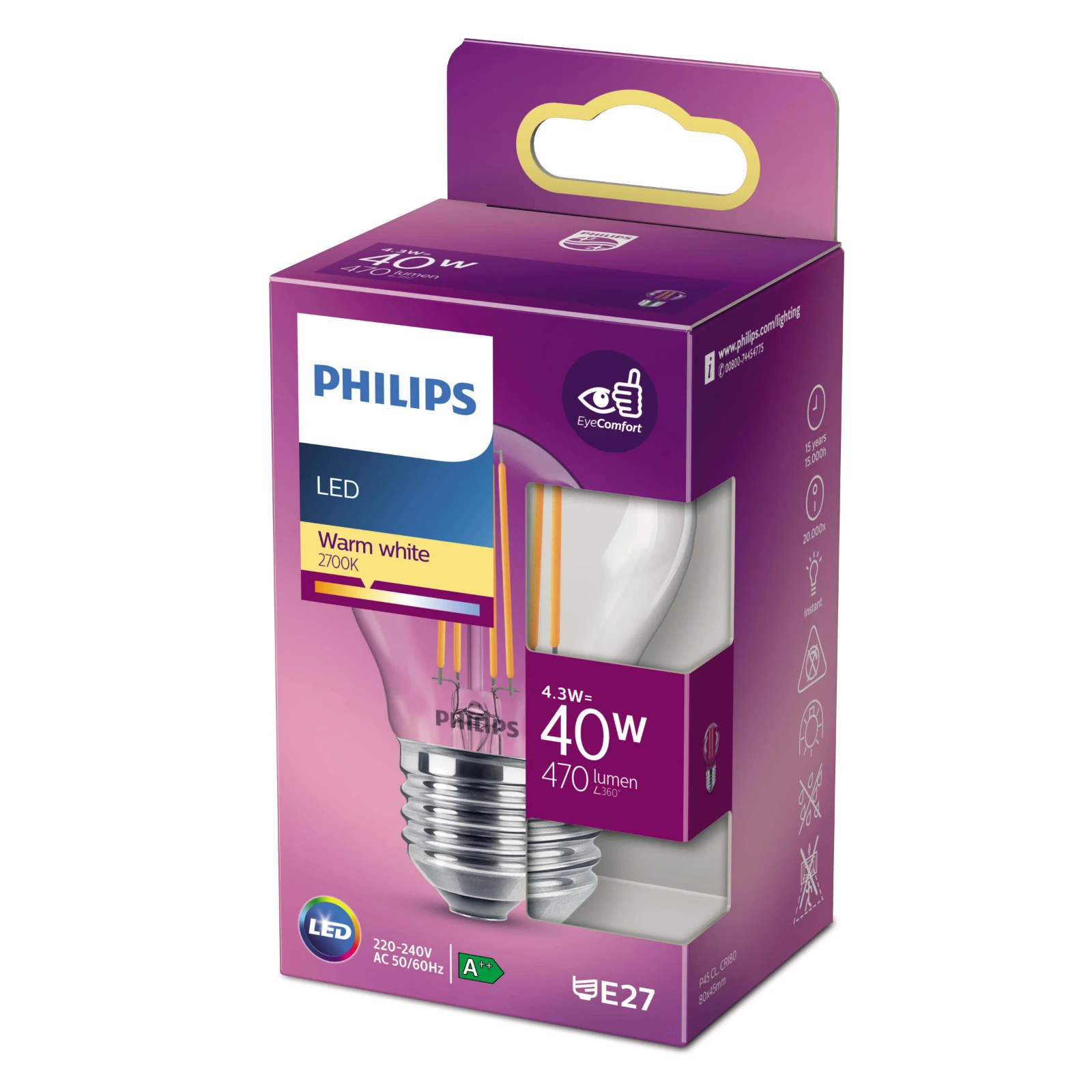 Philips LED Filament Classic 40W E27 WW P45 CL ND