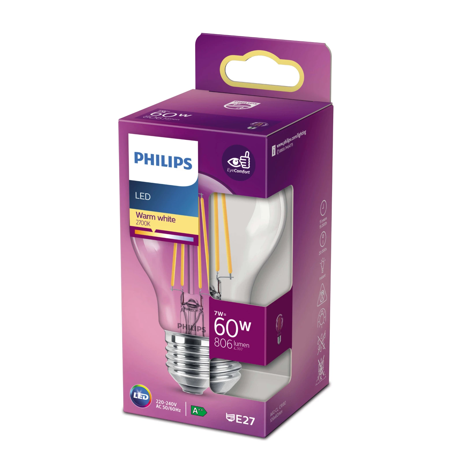 Philips LED Filament Classic 60W E27 A60 WW CL ND RF