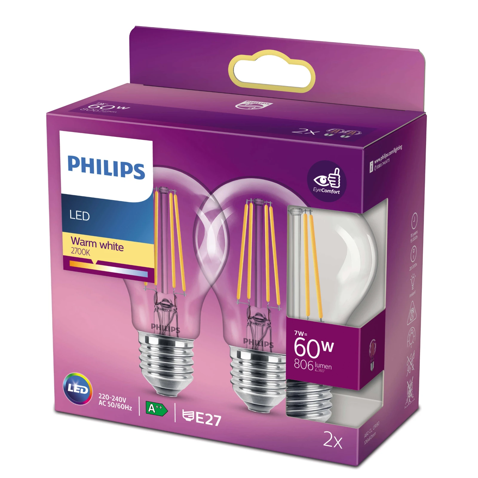Philips LED Filament Classic 60W E27 A60 WW CL ND (2 stuks)