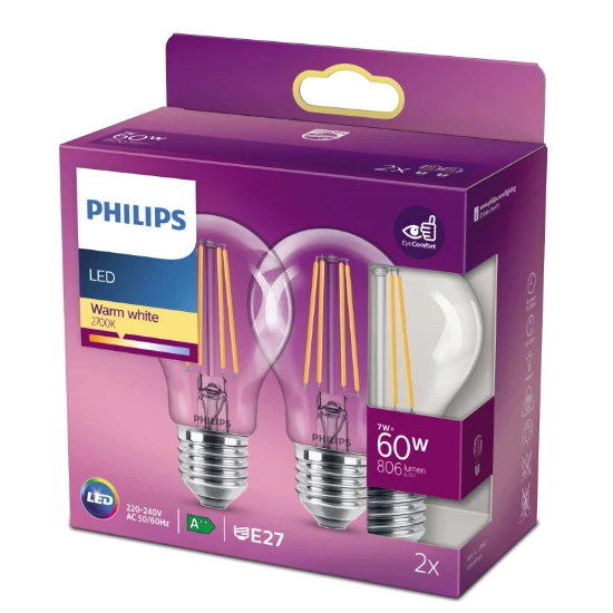 Philips LED Filament Classic 60W E27 A60 WW CL ND (2 stuks)