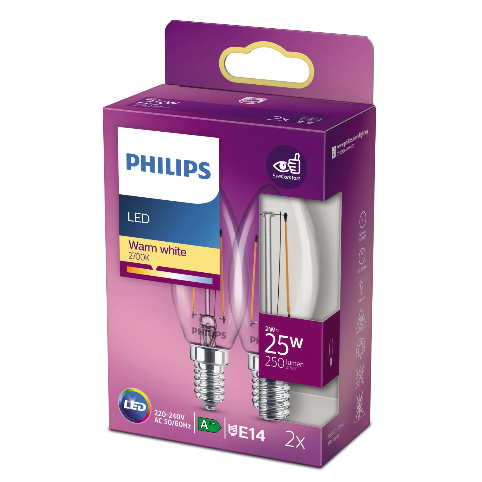 Philips LED Filament Classic 25W E14 B35 WW CL ND (2 stuks)