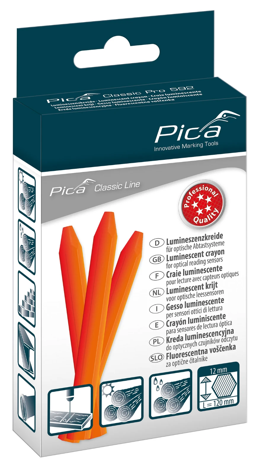 Pica Classic 592/54 Markeerkrijt PRO fluor-oranje - 12 krijtjes