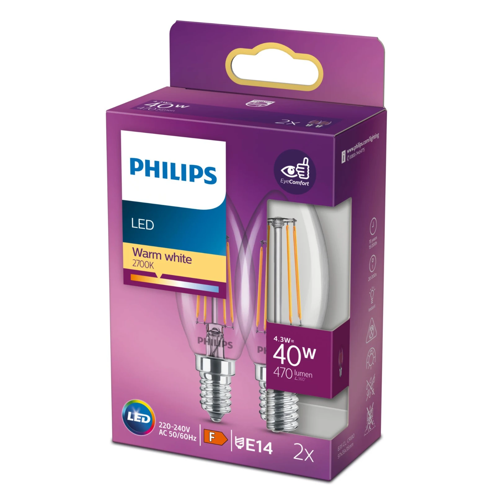 Philips LED Filament Classic 40W B35 CL E14 WW ND 2PF-6
