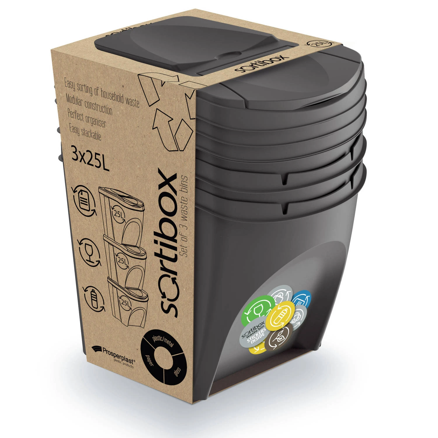 Keden Afvalscheidingsbakken - 3x25L - grijs