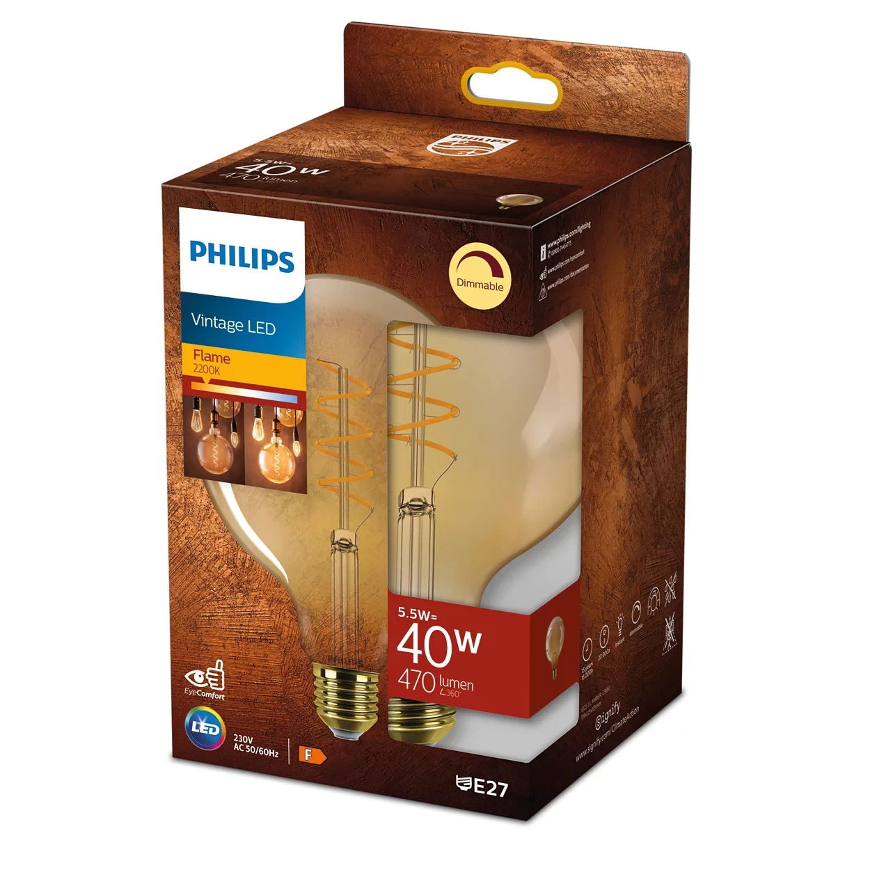 Philips Vintage LED Filament Globe G125 40W E27 Amber Sp DIM 1PF