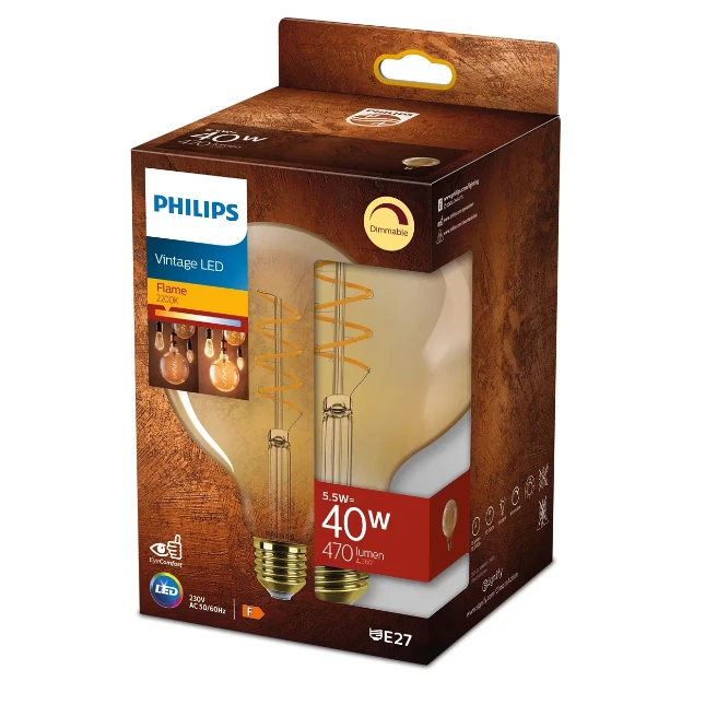 Philips Vintage LED Filament Globe G125 40W E27 Amber Sp DIM 1PF
