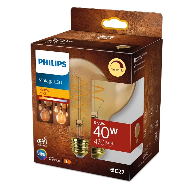Philips Vintage LED Filament Globe G95 40W E27 Amber Sp DIM 1PF