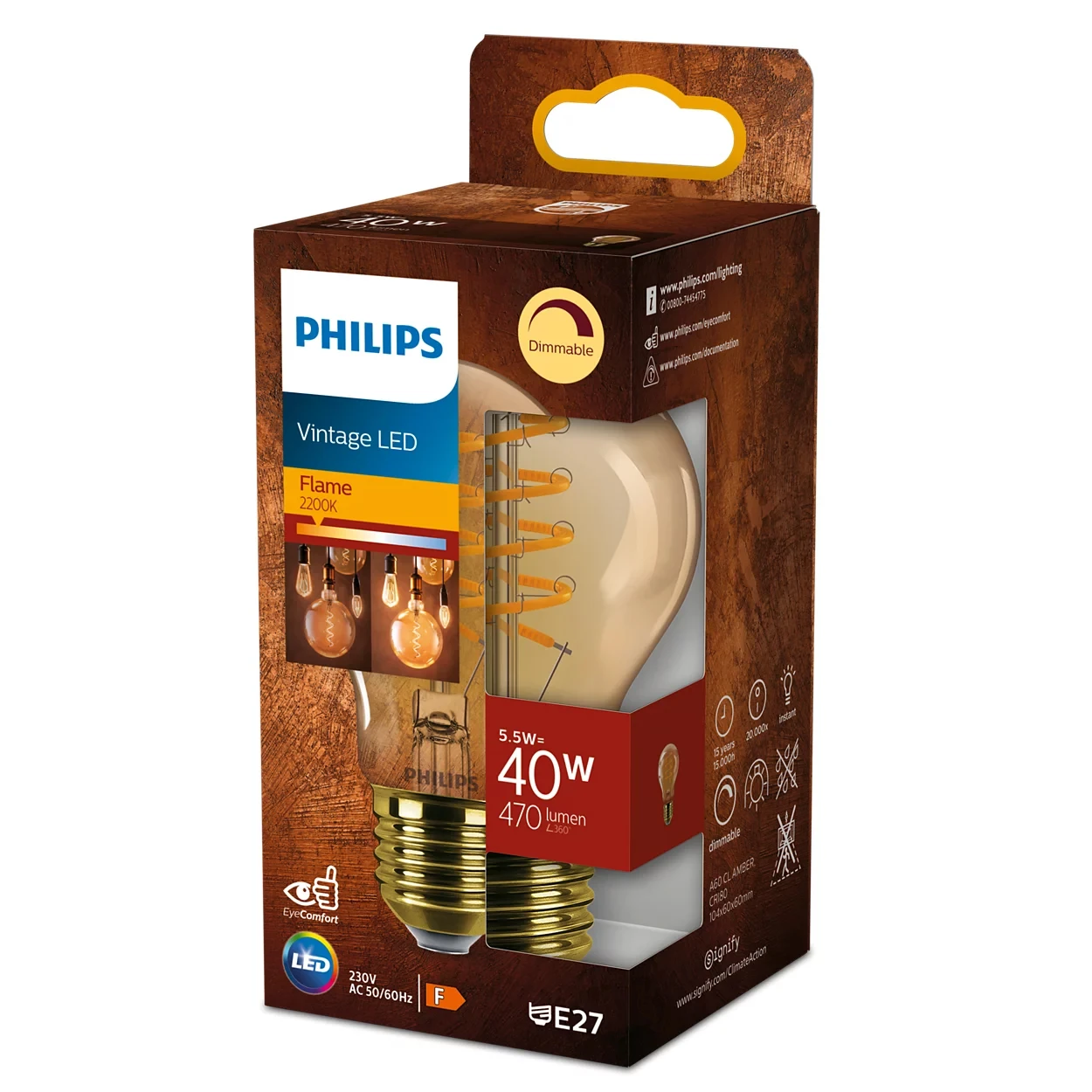 Philips Vintage LED Filament A60 40W E27 Amber Sp DIM 1PF