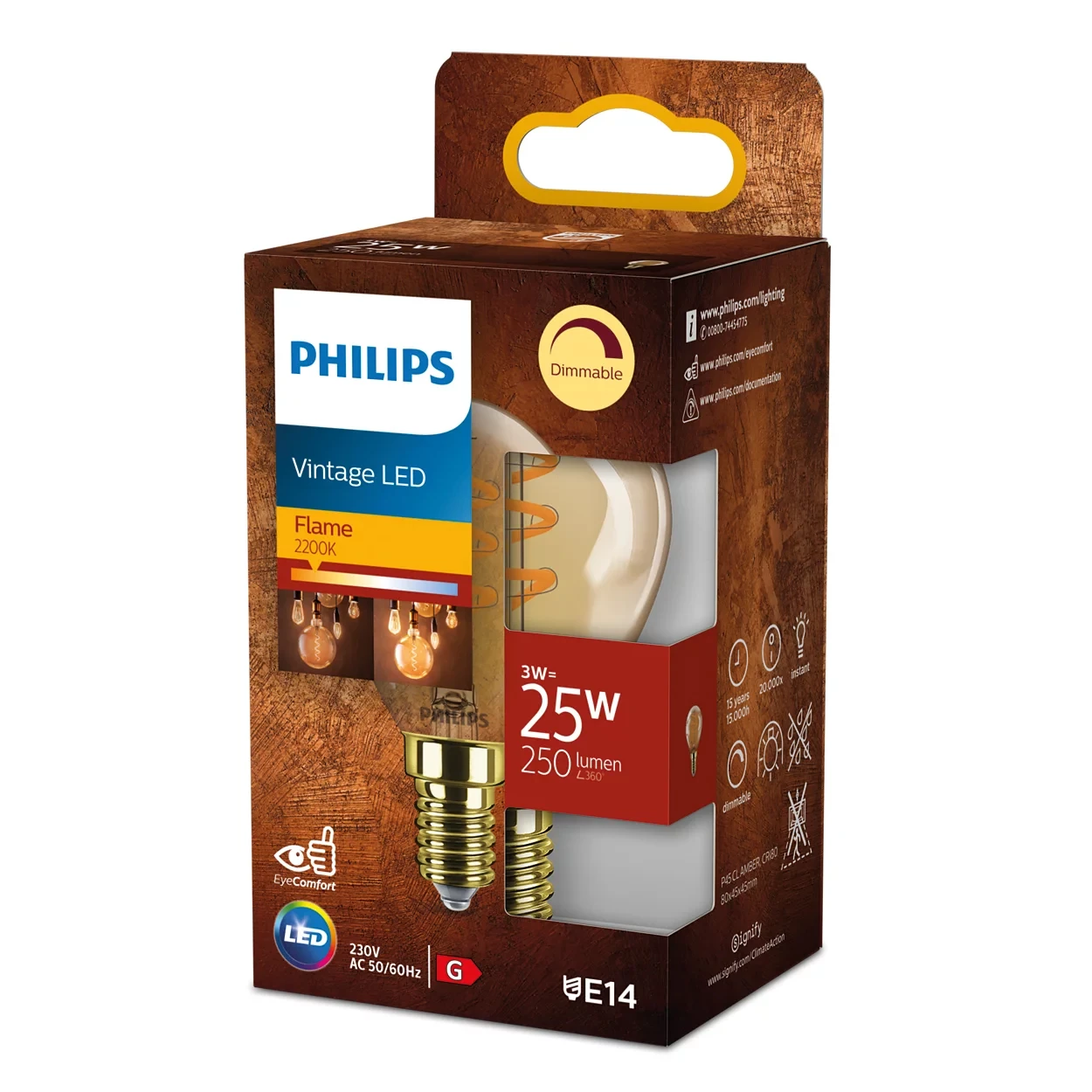 Philips Vintage LED Filament P45 25W E14 Amber Sp DIM 1PF