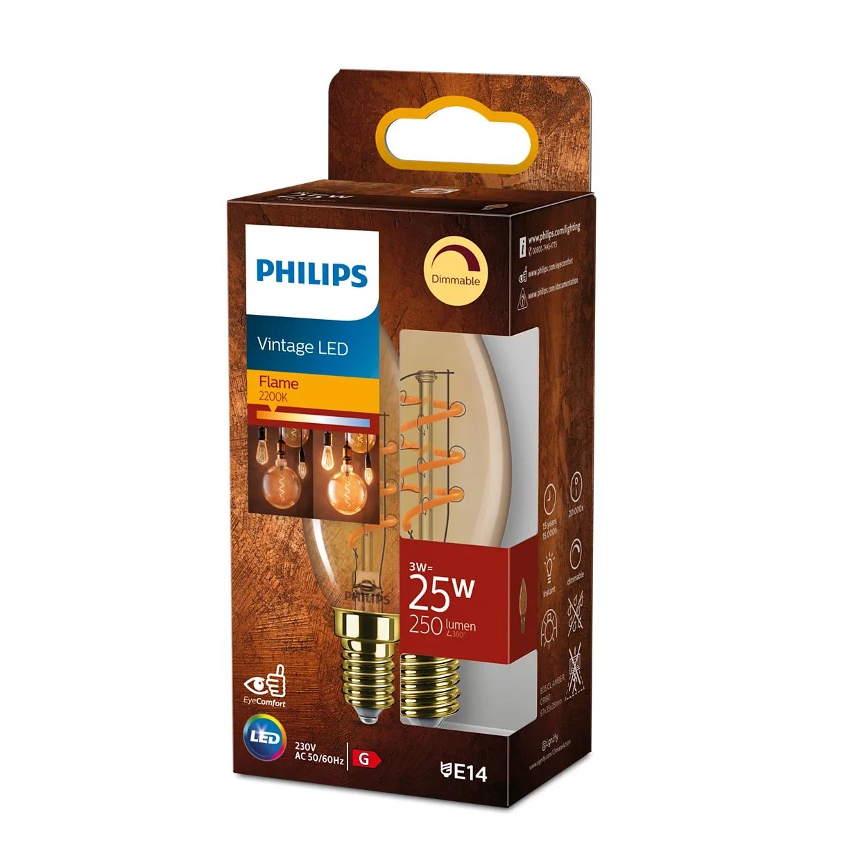 Philips Vintage LED Filament B35 25W E14 Amber Sp DIM 1PF