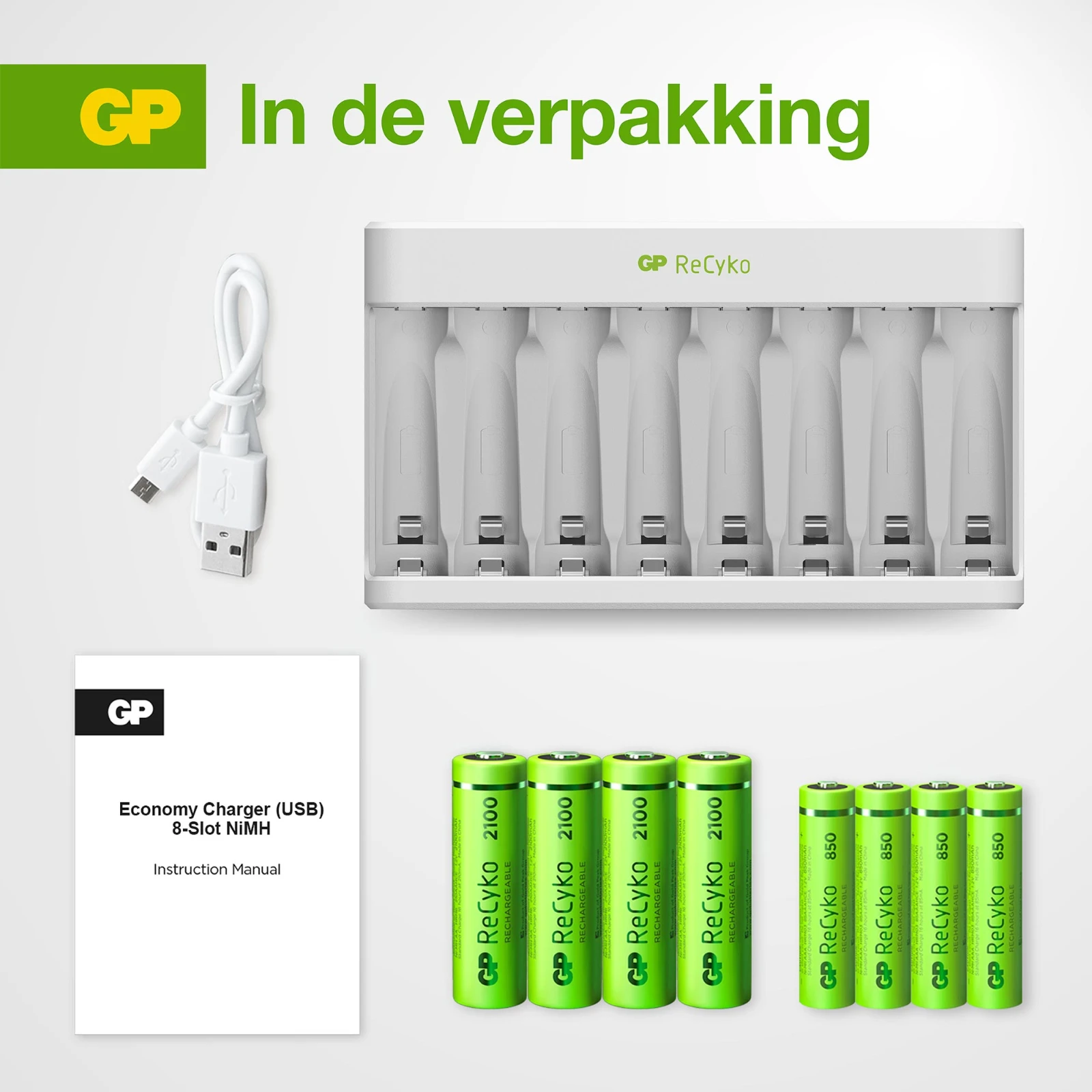 GP Micro-USB batterijlader ReCyko 4x AA 2100 mAh 4x AAA 850mAh