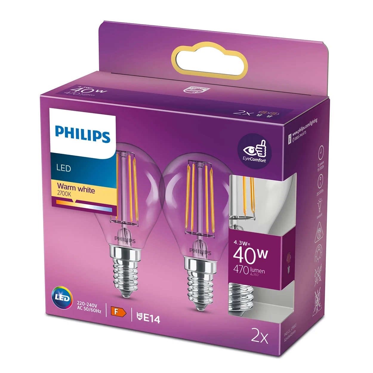 Philips LED Filament Classic 40W P45 E14 WW CL ND 2PF/6
