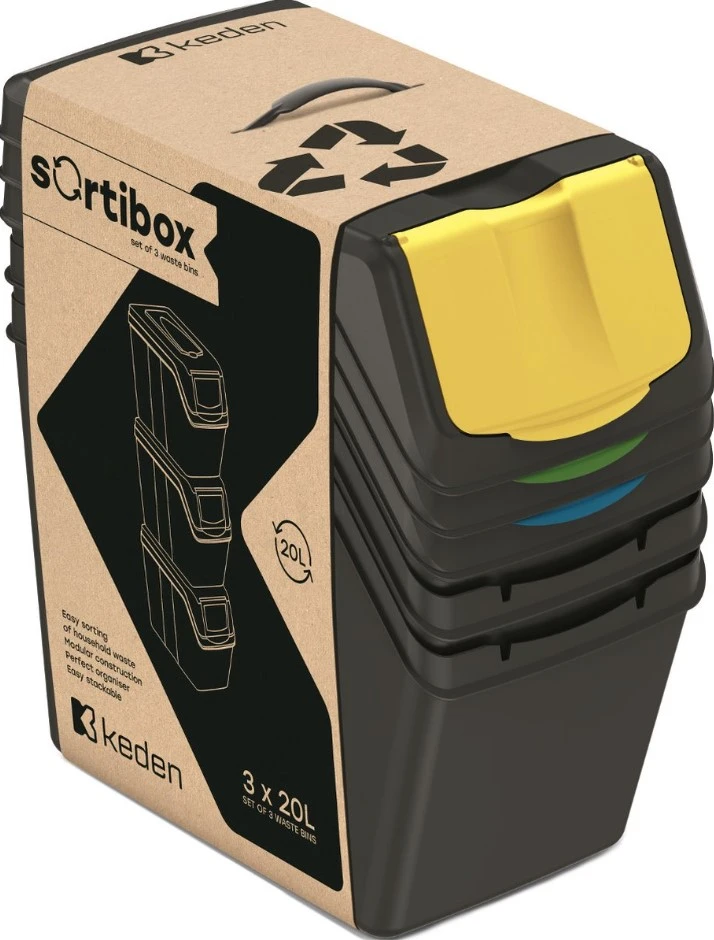 Keden Afvalscheidingsbakken - 3x20L - zwart