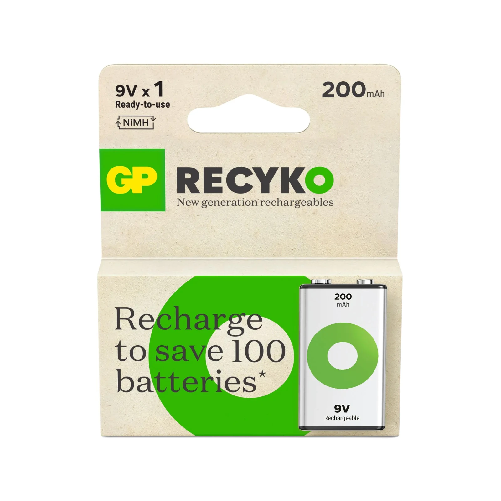 GP Oplaadbare 9V batterij 200mAh ReCyko NiMH (1 stuk)