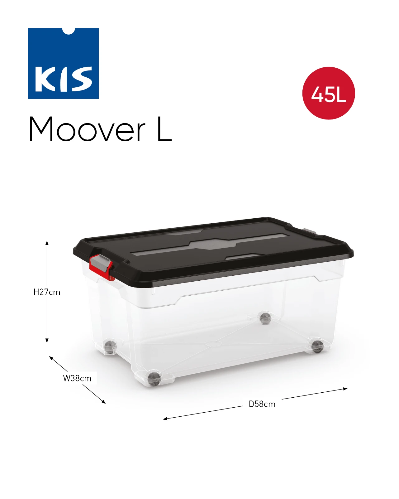 Kis Moover Box L 45L met wielen - zwart deksel