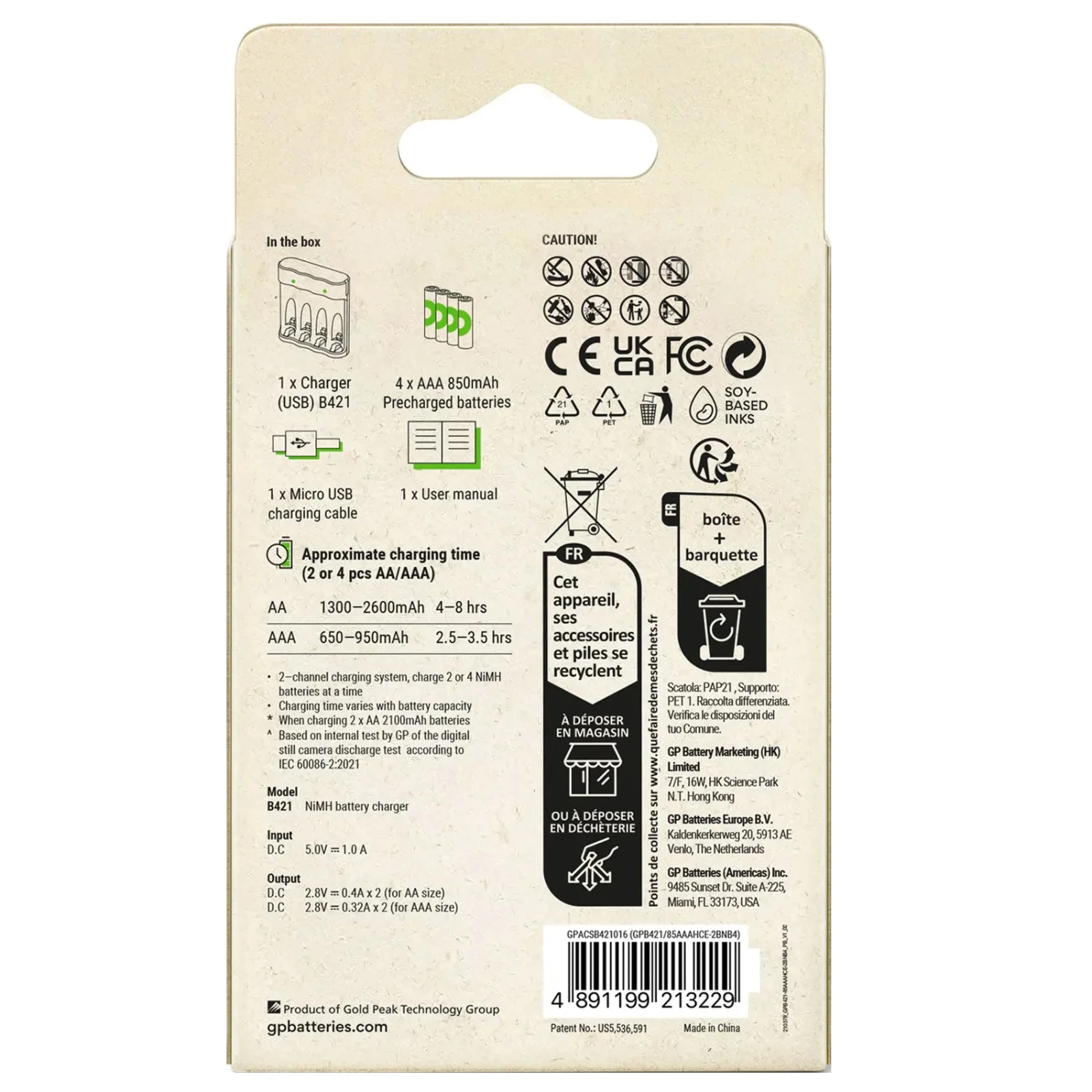 GP USB batterijlader Recyko met 4x AAA 850 mAh