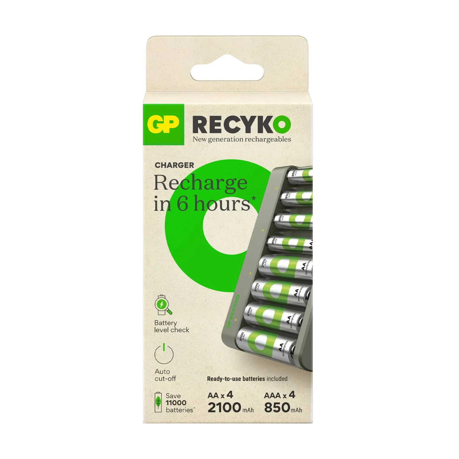 GP USB batterijlader Recyko met 4x AA 850 mAh + 4x AAA 2100 mAh