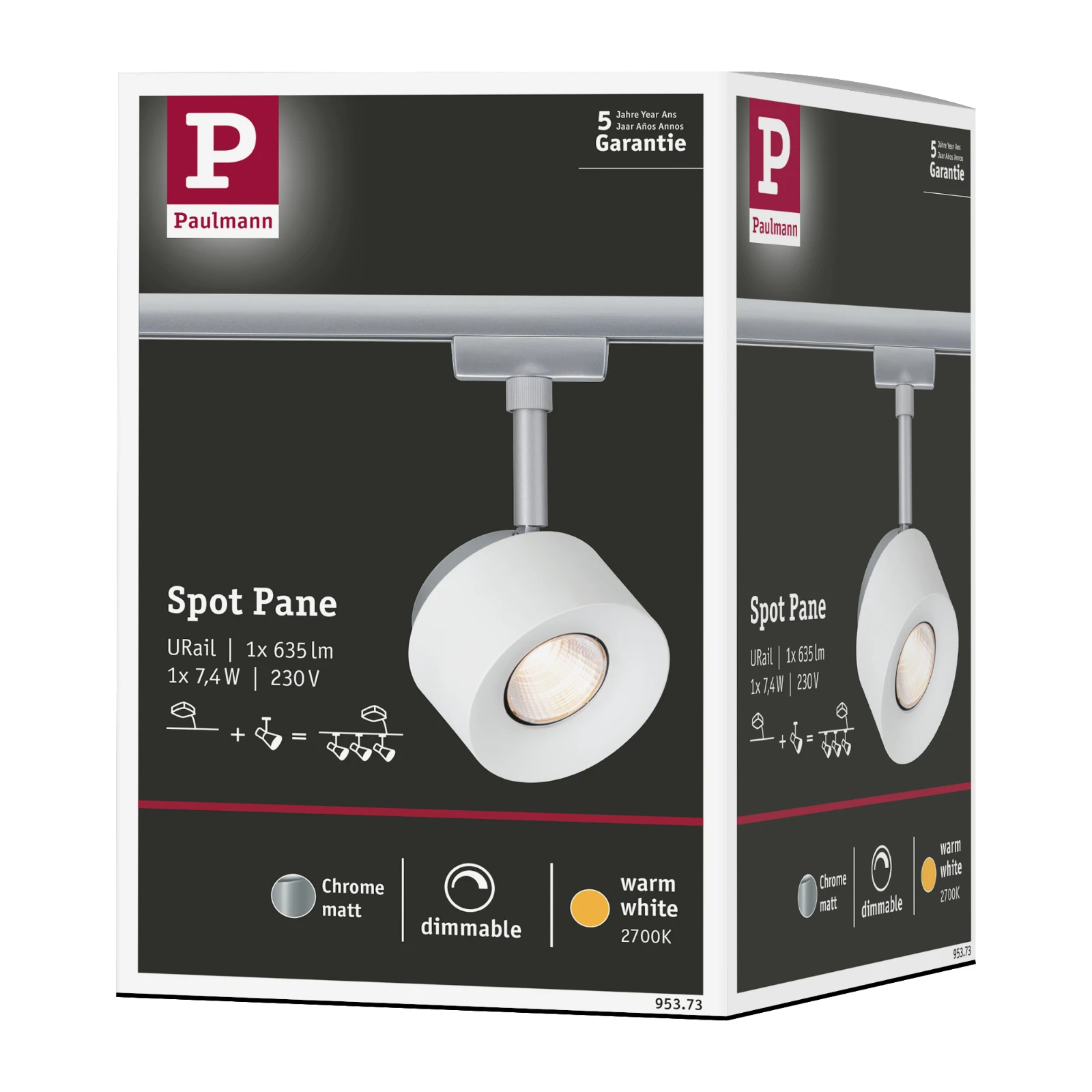 Paulmann URail LED-spot Pane 400lm 7,4W 2700K dimbaar wit/chroom mat