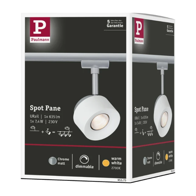 Paulmann URail LED-spot Pane 400lm 7,4W 2700K dimbaar wit/chroom mat
