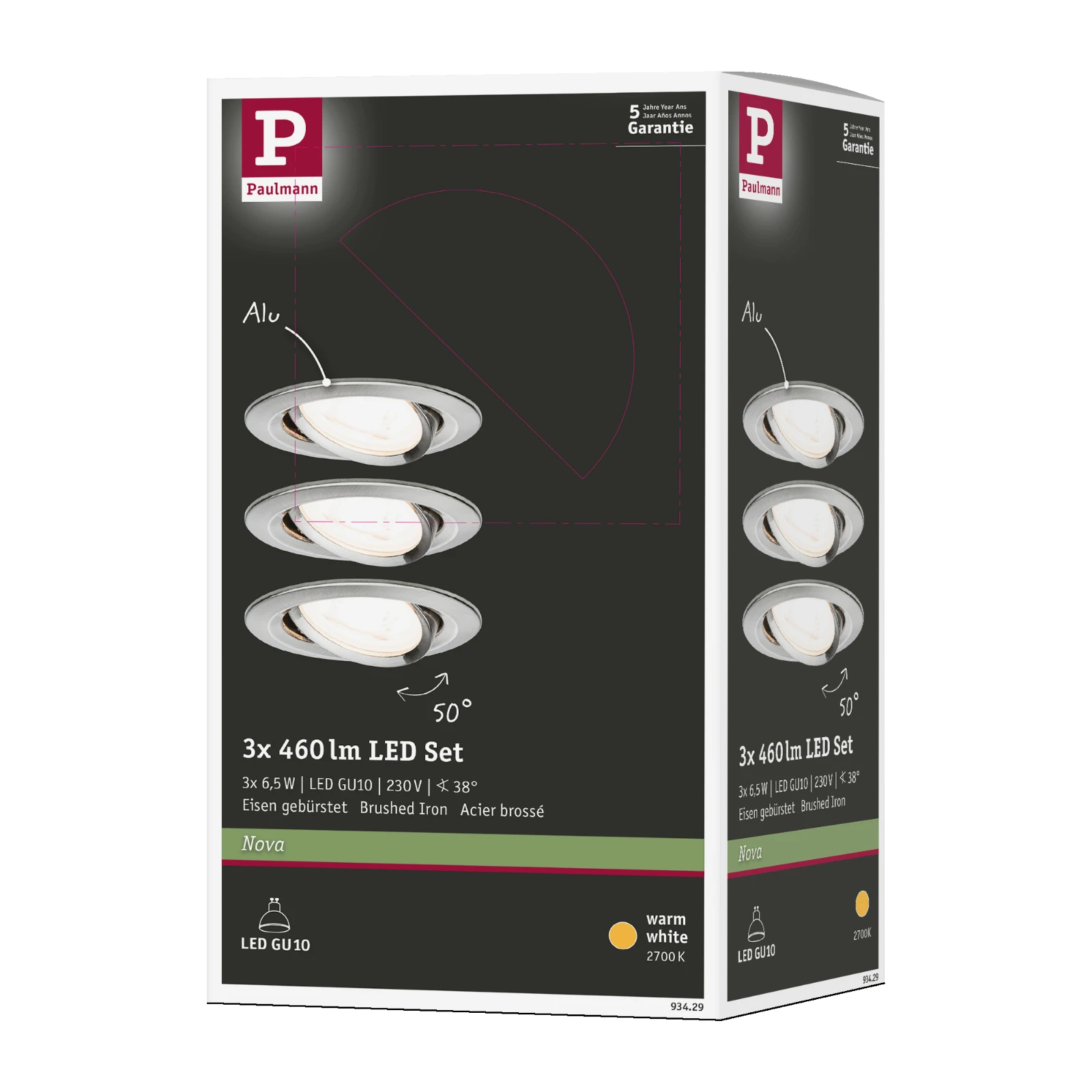 Paulmann LED-inbouwspot Nova 6,5W GU10 staal O84mm - 3-spots