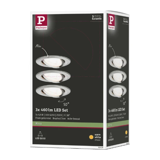 Paulmann LED-inbouwspot Nova 6,5W GU10 staal O84mm - 3-spots