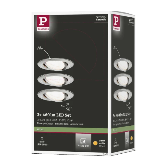 Paulmann LED-inbouwspot Nova 6,5W GU10 staal O84mm - 3-spots
