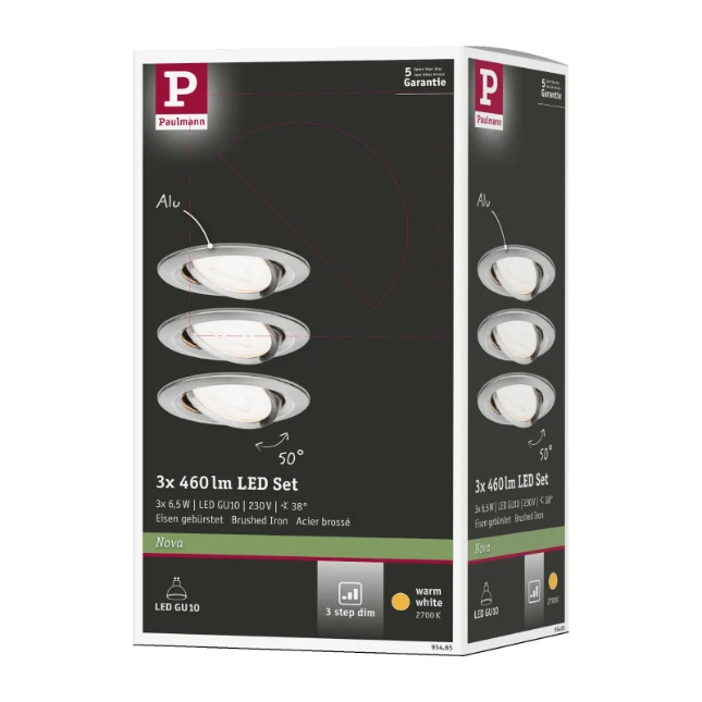 Paulmann LED-inbouwspot Nova 6,5W GU10 staal O84mm - 3-spots