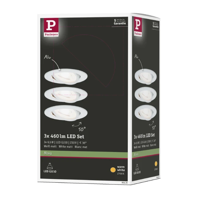 Paulmann LED-inbouwspot Nova 6,5W GU10 wit O84mm - 3-spots