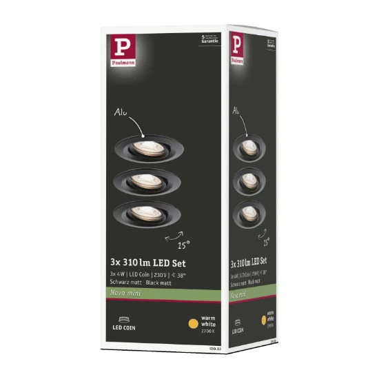 Paulmann LED-inbouwlamp Nova Mini Coin basisset zwart O66mm zwenkbaar - 3-spots