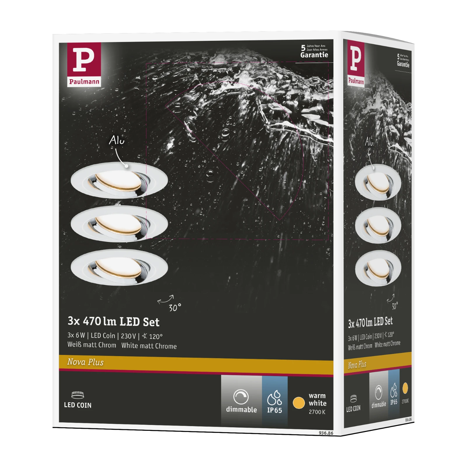 Paulmann LED-inbouwlamp Nova Plus Coin dim 3x6W Wit mat chroom