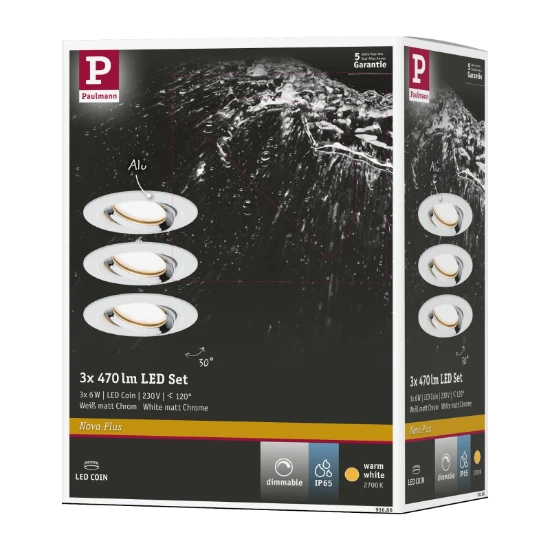 Paulmann LED-inbouwlamp Nova Plus Coin dim 3x6W Wit mat chroom