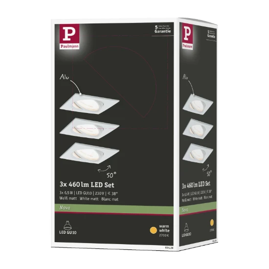 Paulmann LED-inbouwspot Nova 6,5W GU10 84x84mm wit - 3-spots