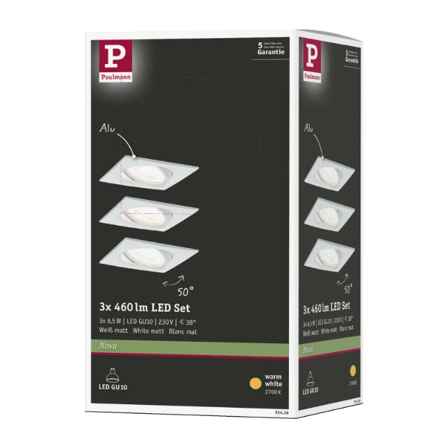 Paulmann LED-inbouwspot Nova 6,5W GU10 84x84mm wit - 3-spots