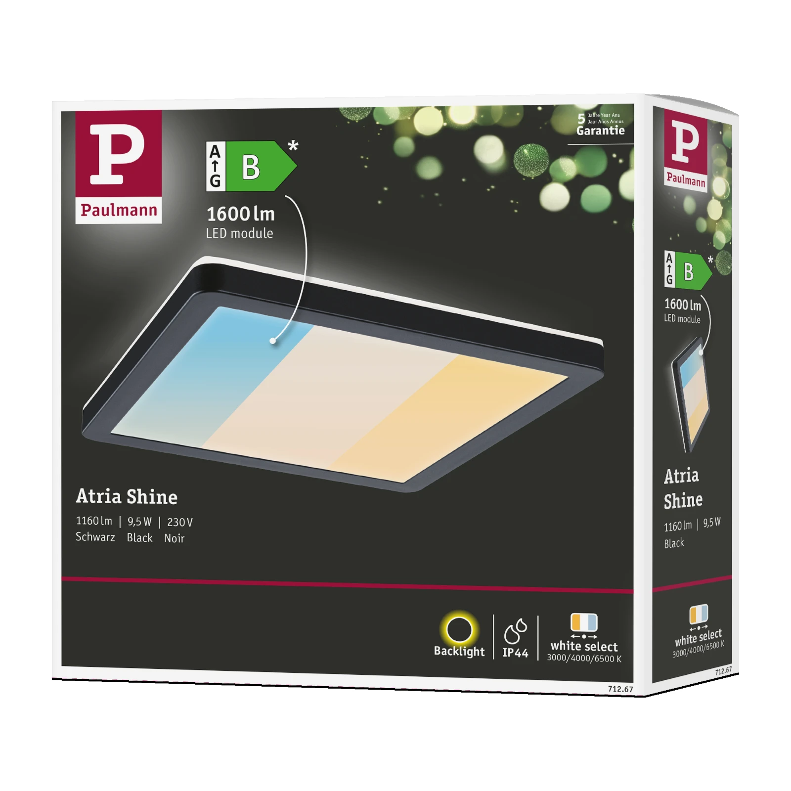 Paulmann LED-paneel Atria Shine vierkant 190x190mm 15,7W zwart