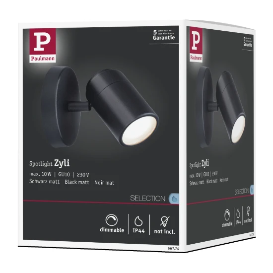 Paulmann Spotlight Zyli IP44 10W GU10 dimbaar zwart- 1-spot